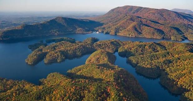 Aerial view of Lake Hiwassee surrounded by western North Carolina mountains