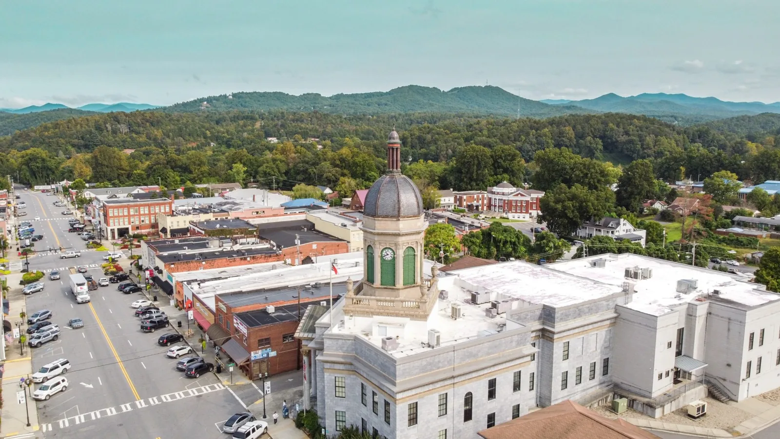 Aerial view of downtown Murphy, North Carolina and the surrounding mountain region